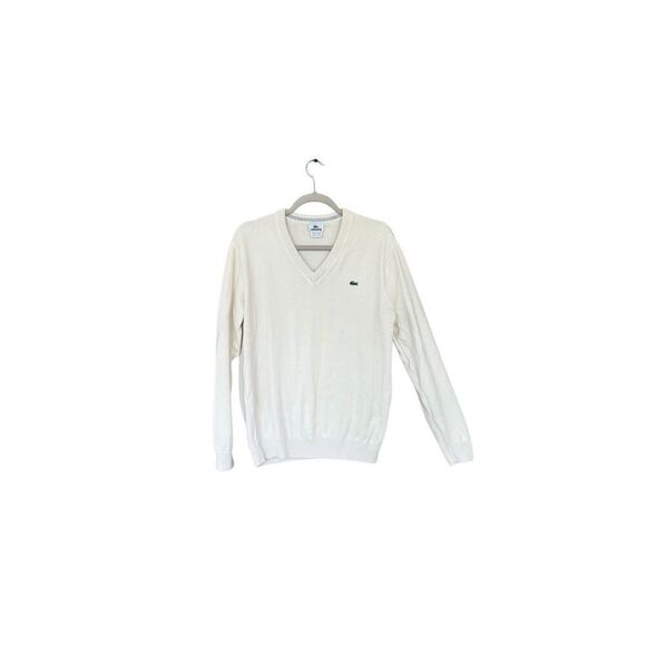 Lacoste Mens Cream V-neck Long Sleeve Ribbed Trim Logo Pullover Sweater Size 5 - Picture 1 of 9